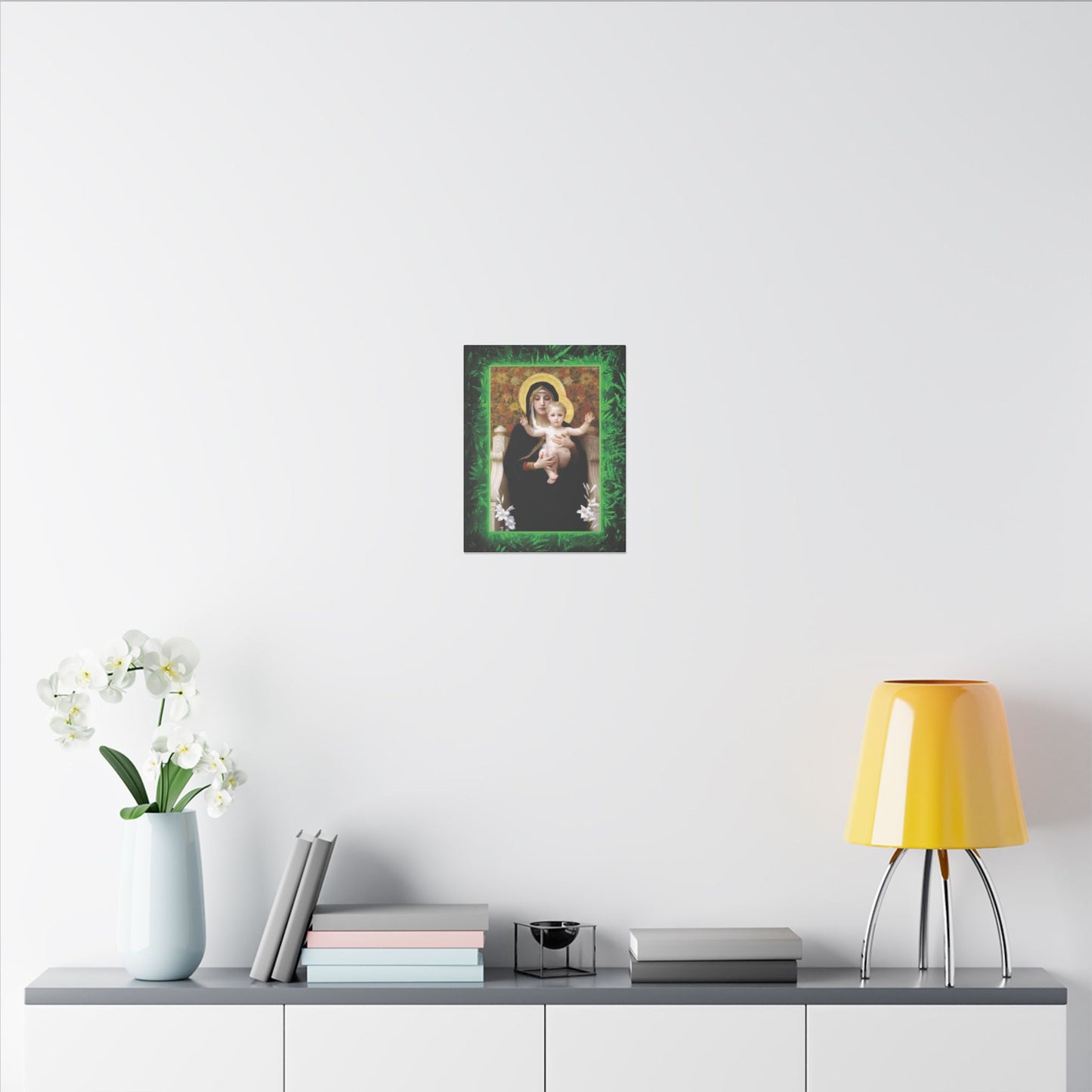 "Tropical Rainforest Madonna of Lilies" Religious Canvas Artwork - Stretched Canvas Print / Virgin Mary & Jesus