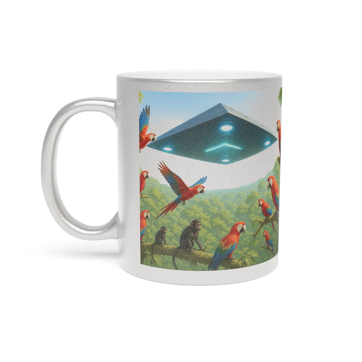 Tropical Metallic Mug, Gold or Silver: UFO and Parrots