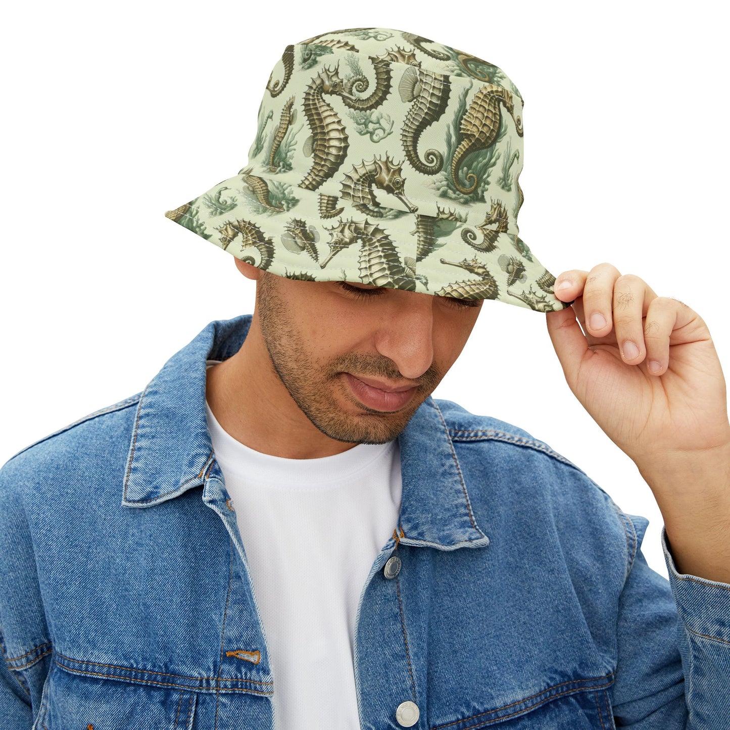 Tropical Polyester Bucket Hat, 2 Sizes - Green Toile Seahorses