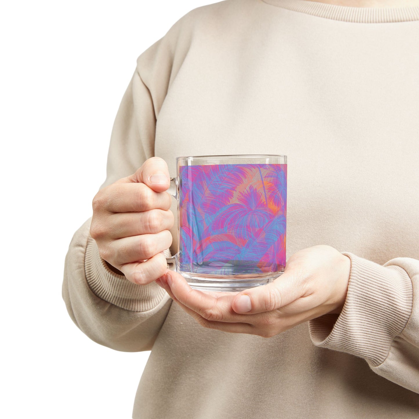 Tropical Glass Mug - 10oz Coffee Cup / Palm Serenity, Heatwave