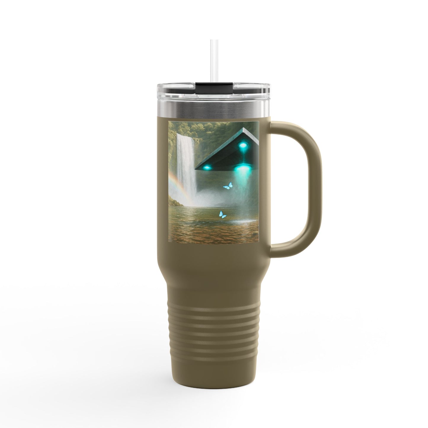 Insulated Travel Mug, 40oz / UFO and Waterfall in Rainforest