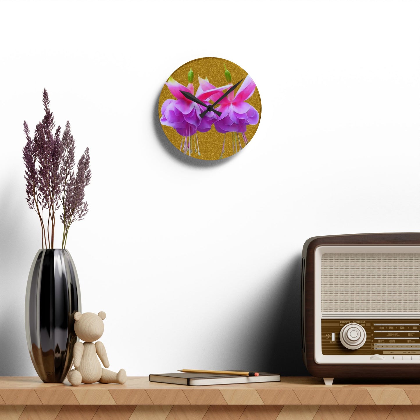 Acrylic Wall Clock, Two Fuchsias/Gold, 4 Variants