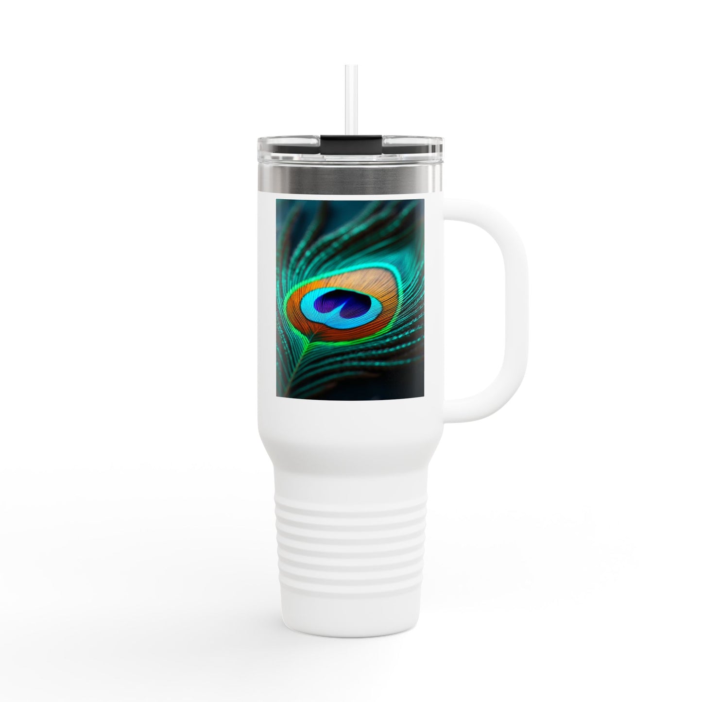 Insulated Travel Mug, 40oz / Peacock Eye Feather, Turquoise- Perfect for Outdoor Adventures