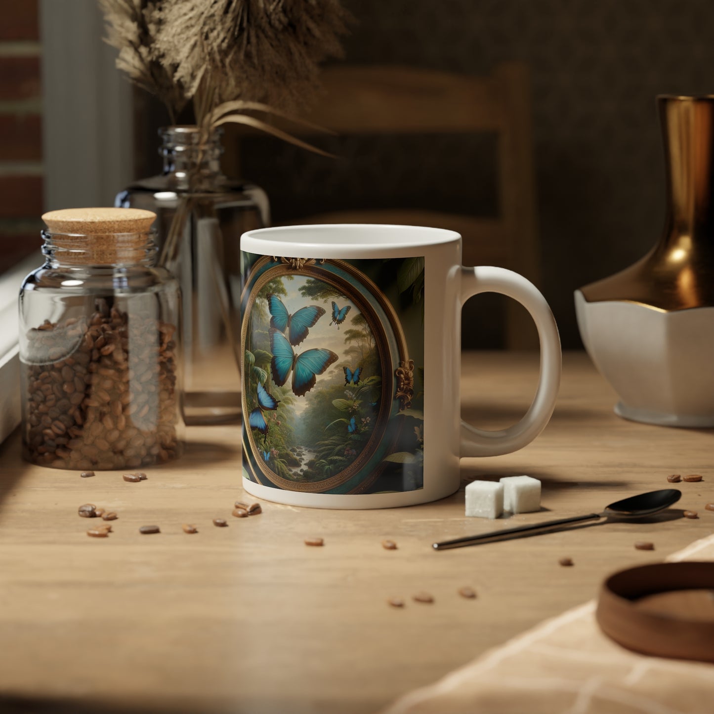 Jumbo Mug, 20oz, Framed Morpho Gathering | Tropical Coffee Cup