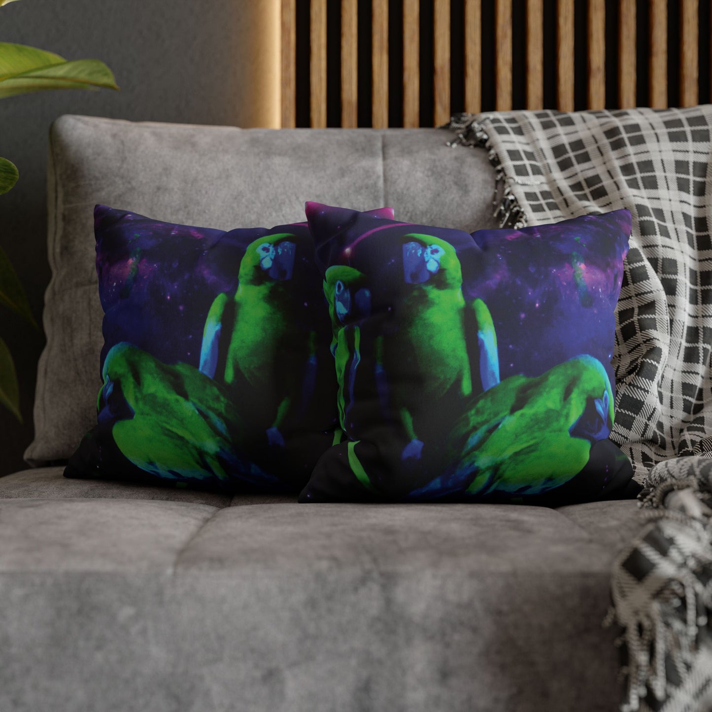 Faux Suede Square Pillowcase - Neon Parrots at Night