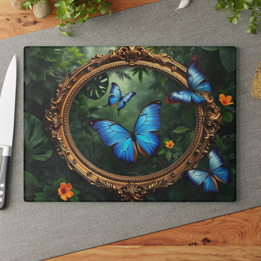 Glass Cutting Board, 2 sizes - Framed Morpho Party