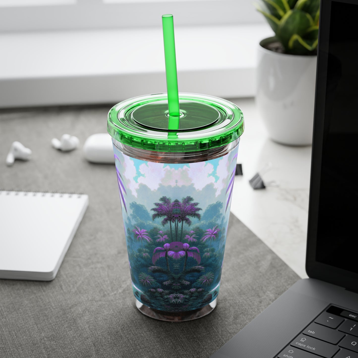 Tropical Tumbler with Straw | 16oz Colorful Travel Cup / Sleeping Parrot/Fantasy