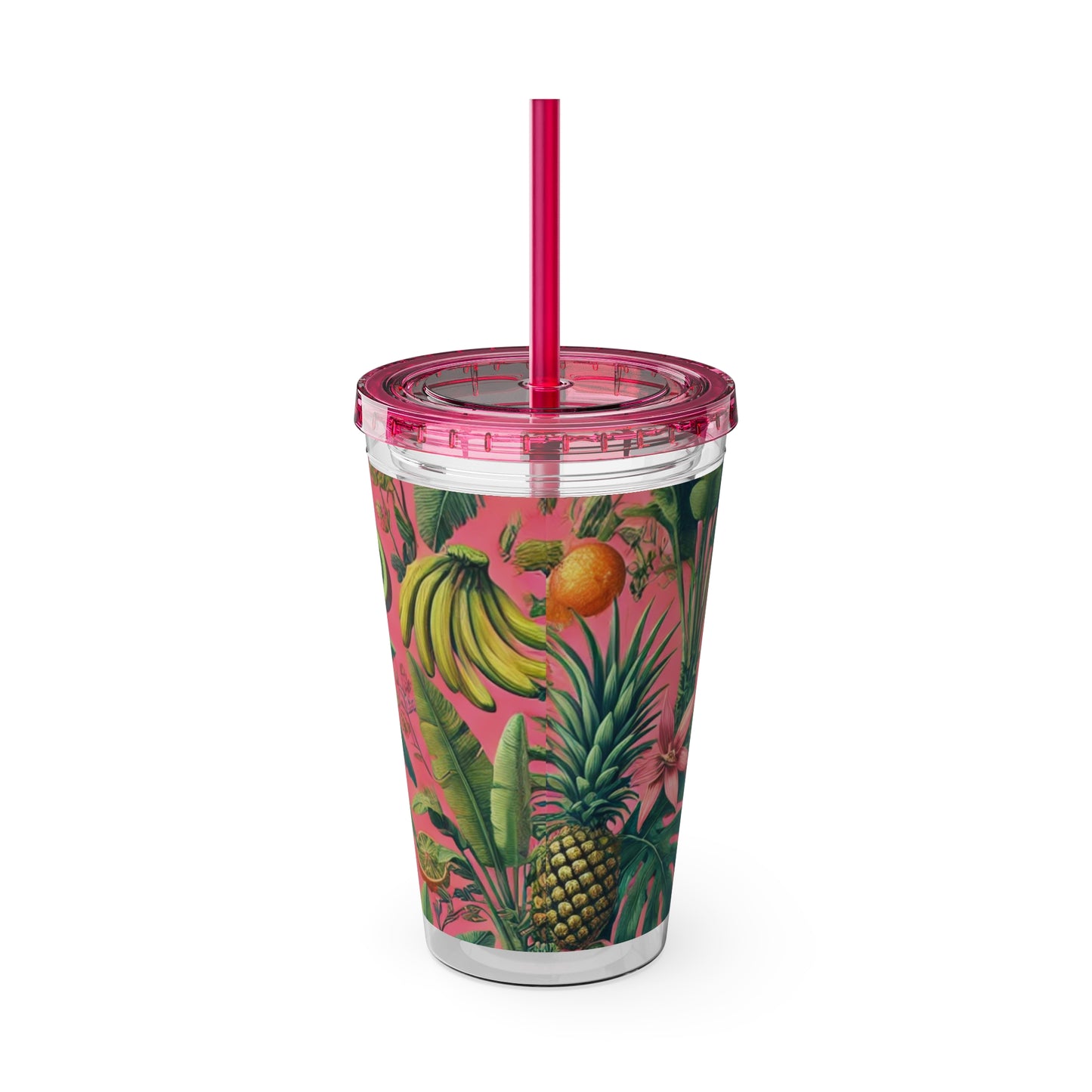Tropical Tumbler with Straw | 16oz Colorful Travel Cup / More Tropical Fruit, Coral