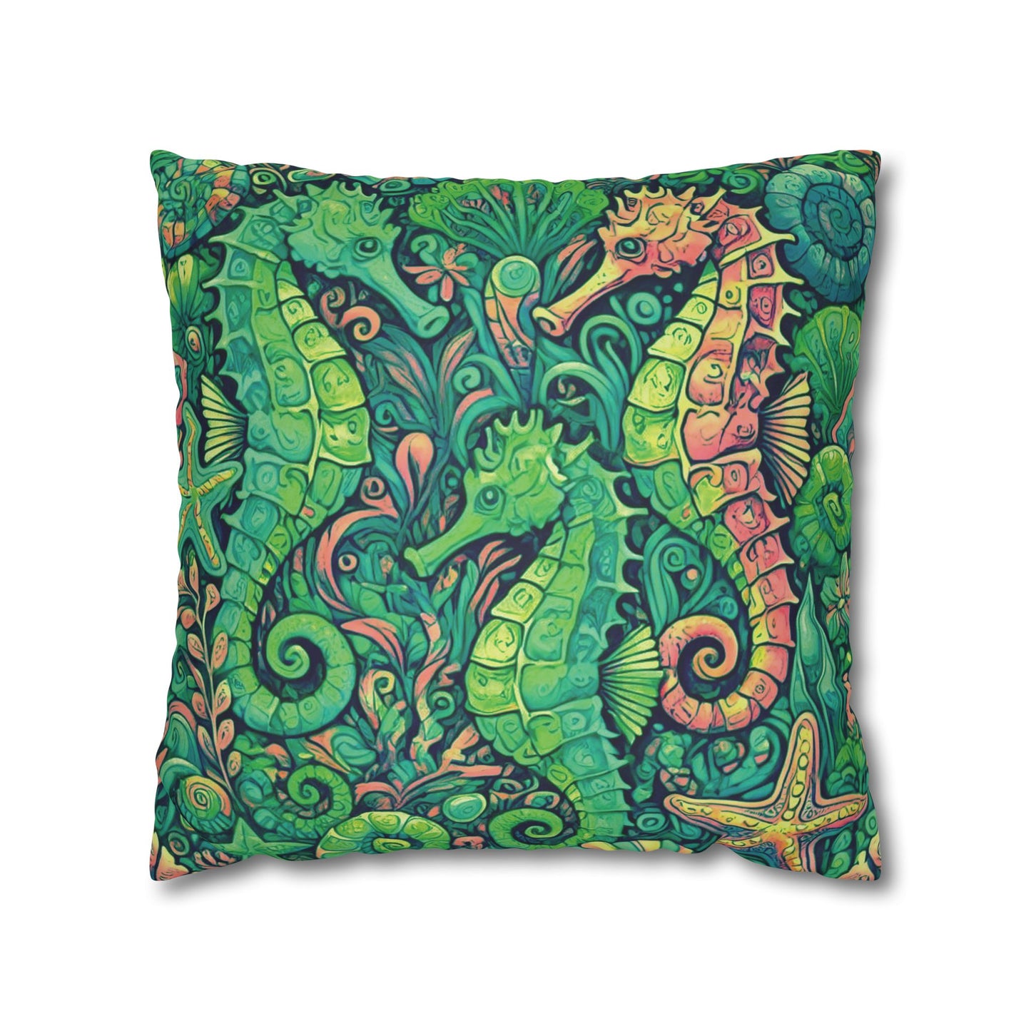 Faux Suede Square Pillowcase - Seahorse Trio/Hot Lime