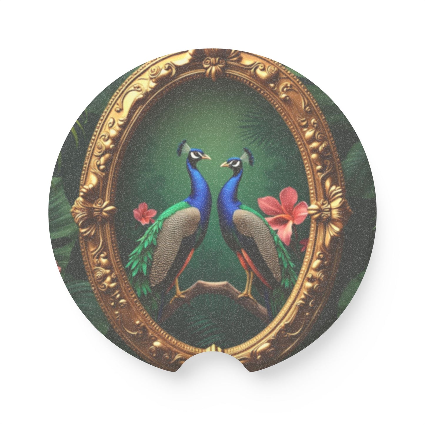 Soapstone Car Coaster - Framed Two Peacocks