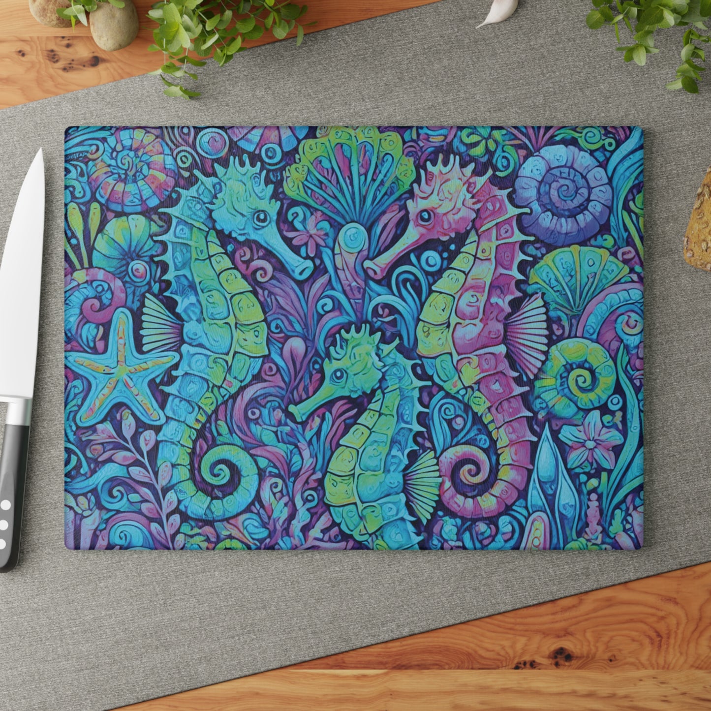 Glass Cutting Board, 2 sizes - Seahorses Turquoise Pop