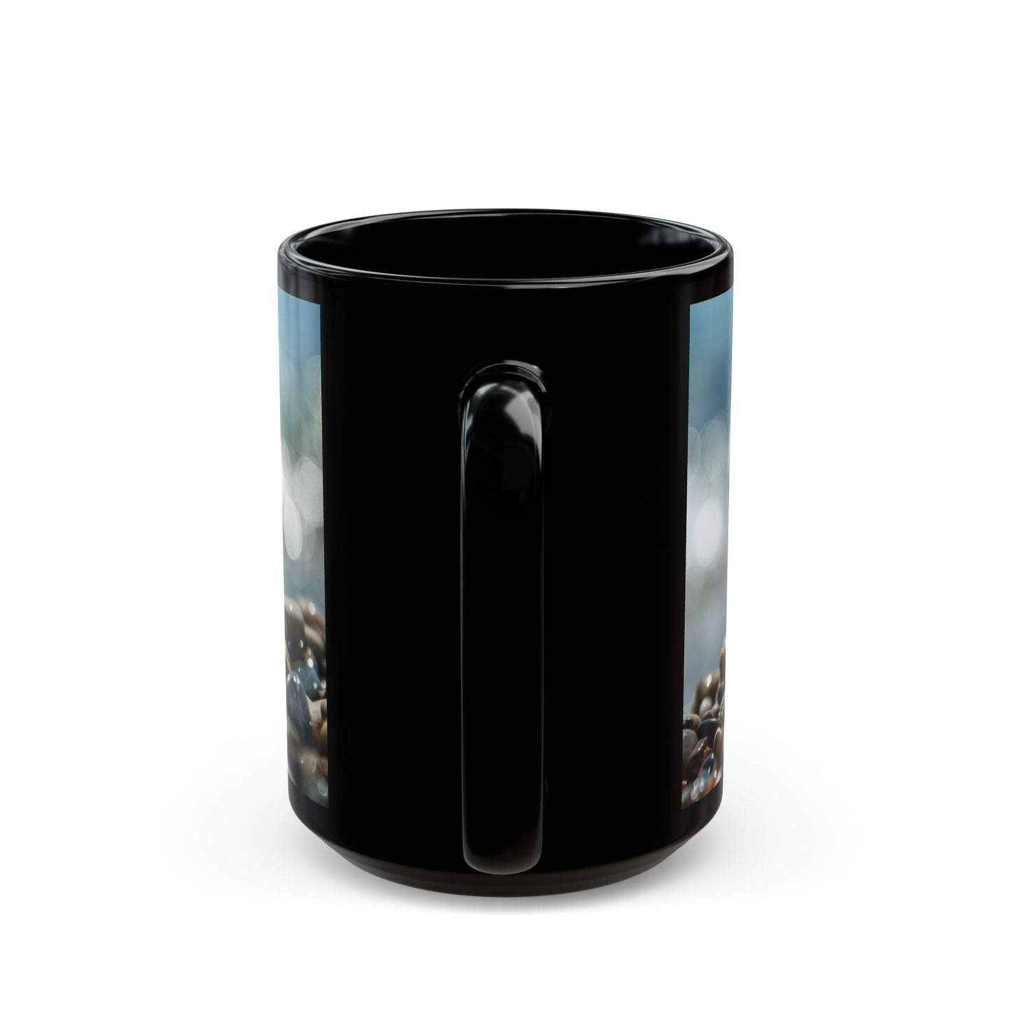 Black Mug (11oz, 15oz), Crystal Ball on Pebbled Beach