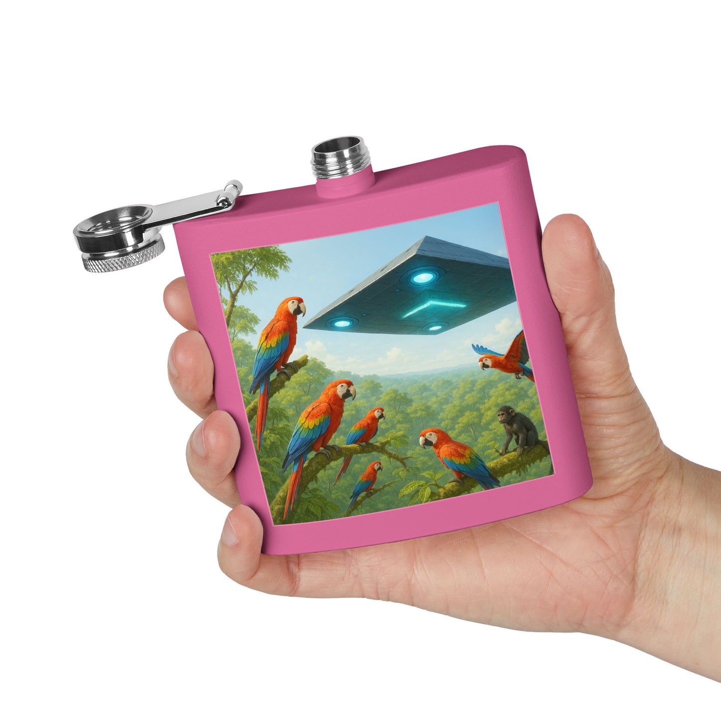 Tropical Stainless Steel 6 oz. Flask, Many Colors  – UFO and Macaws