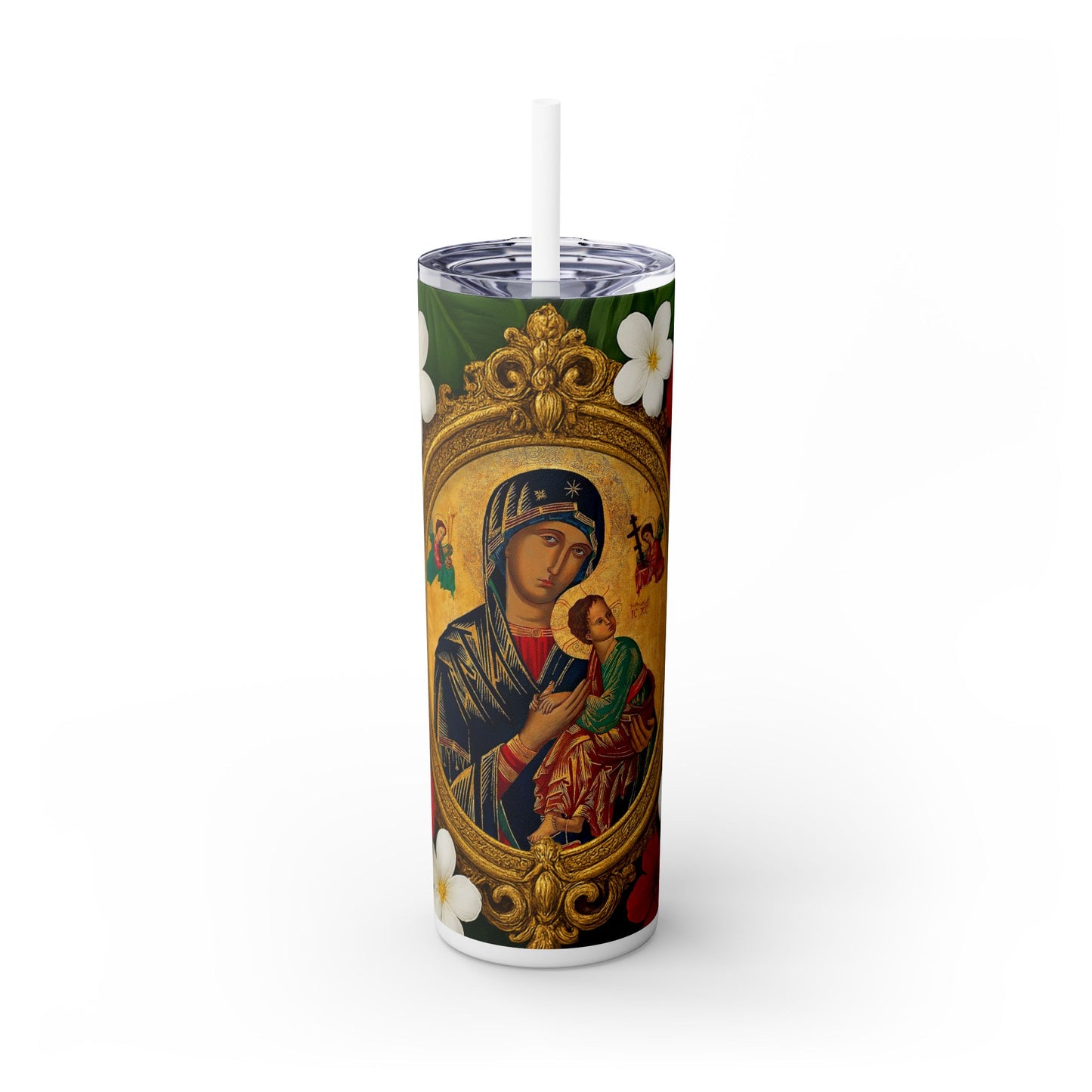 Religious Skinny Tumbler with Straw - 20oz Tropical Vibes / Our Lady of Perpetual Help, Red Floral
