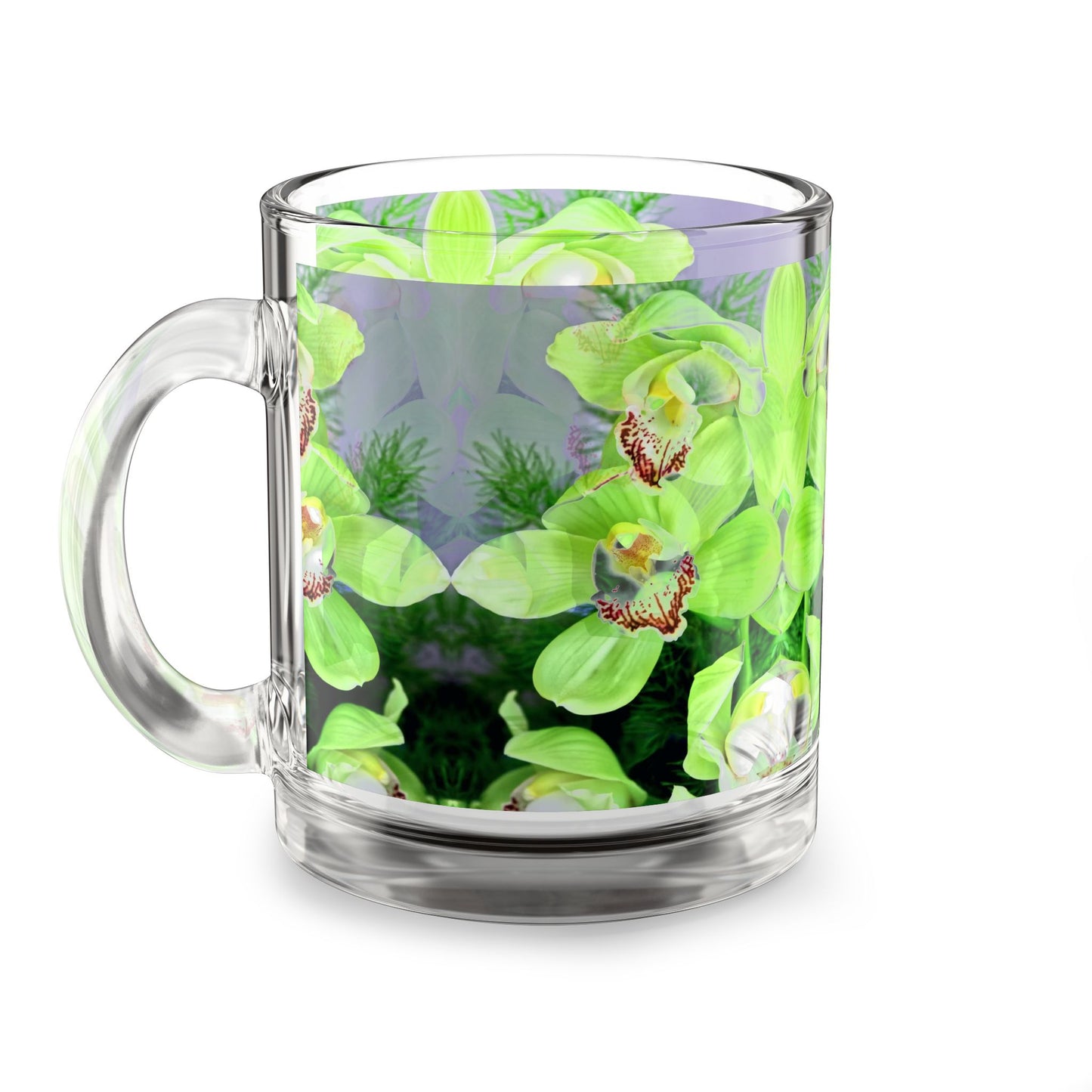 Kaleido Green Orchids Glass Mug - 10oz, Perfect for Flower Lovers