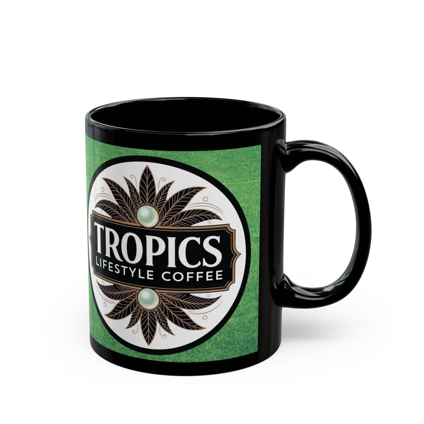 Black Coffee Mug - Green Bkground /TLCoffee Logo