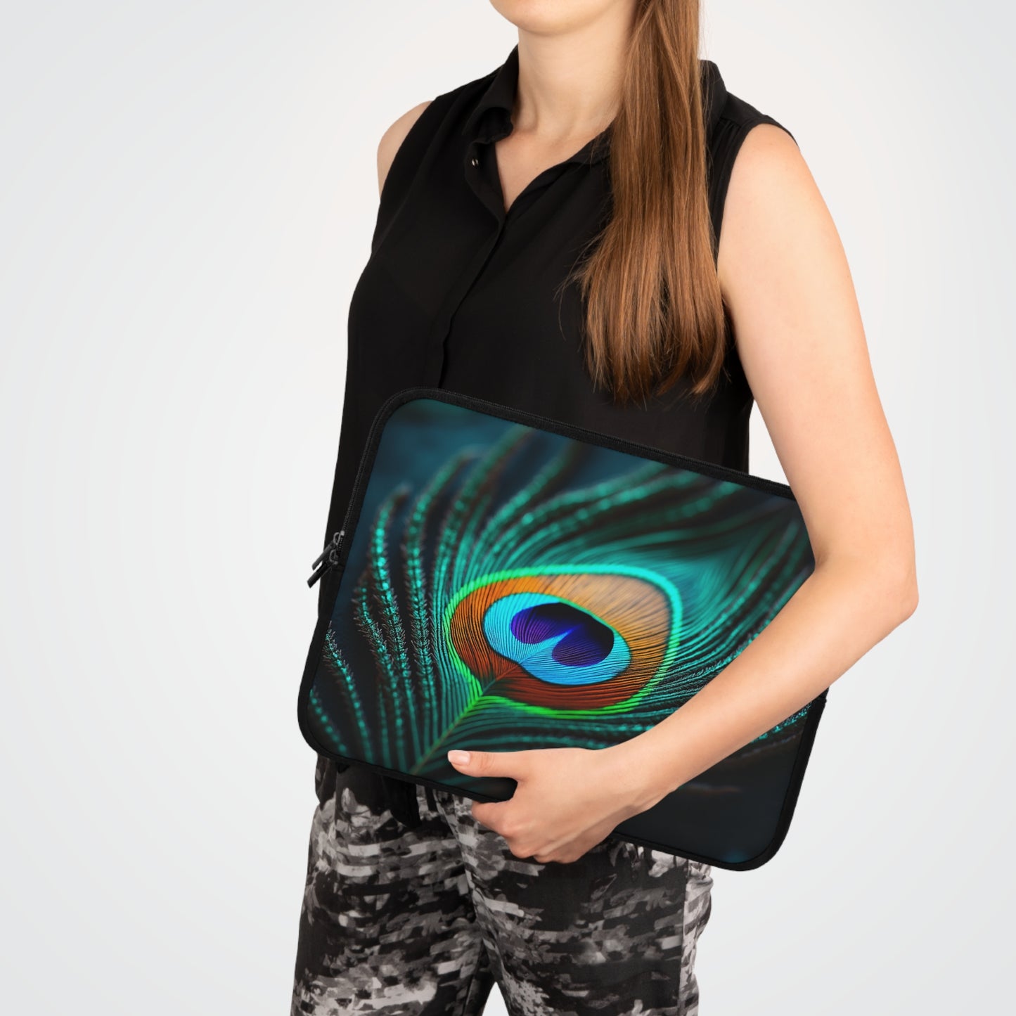 Tropical Laptop Sleeve, 5 Sizes - Perfect for Rainforest Lovers & Students / Peacock Eye Feather, Turquoise