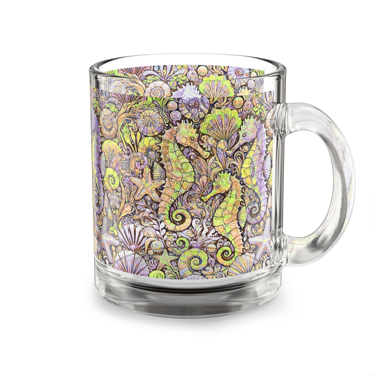 Tropical Glass Mug - 10oz Coffee Cup / Seahorses, Purple