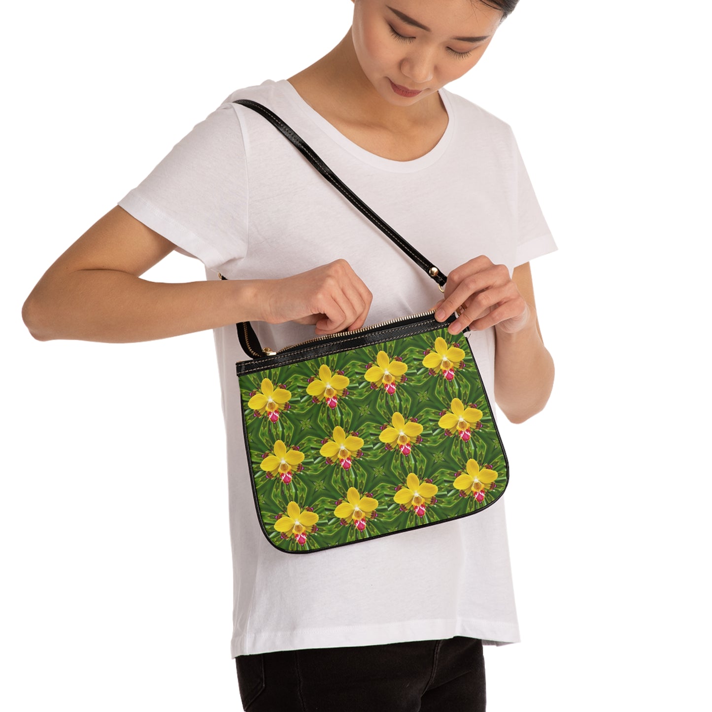 Tropical Floral Small Shoulder Bag - Stylish and Versatile Handbag / Yellow Orchid Kaleidoscope