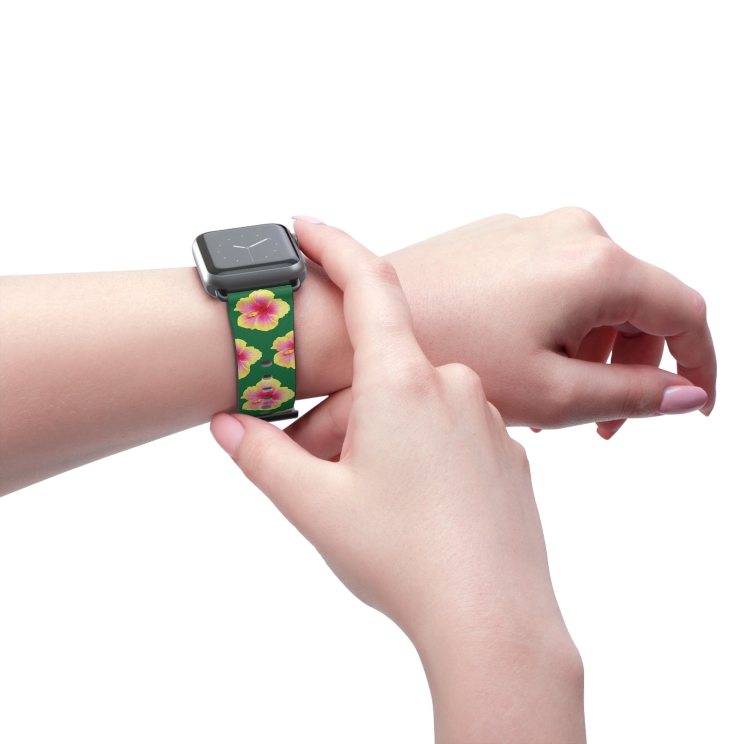 Apple Watch Band - REAL Yellow/Orange Hibiscus Flower, Dark Green