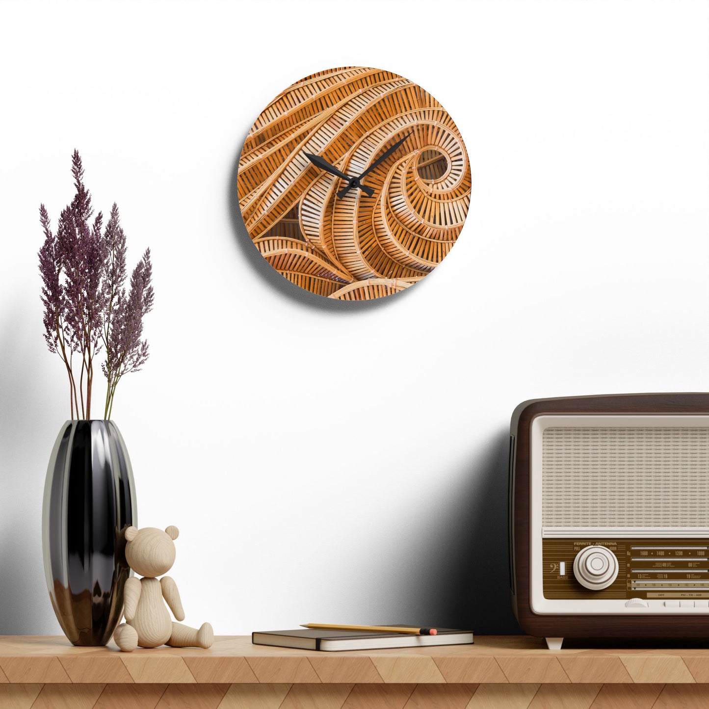 Acrylic Wall Clock, Natural Bamboo Spiral