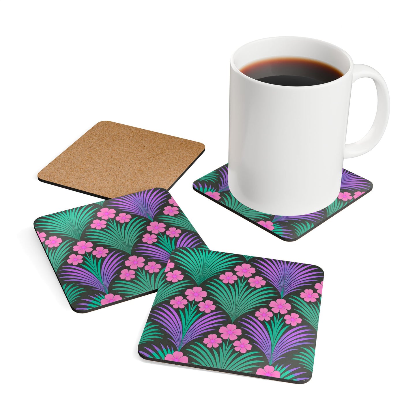 Coaster Set - Midnight Hibiscus Deco/Pink