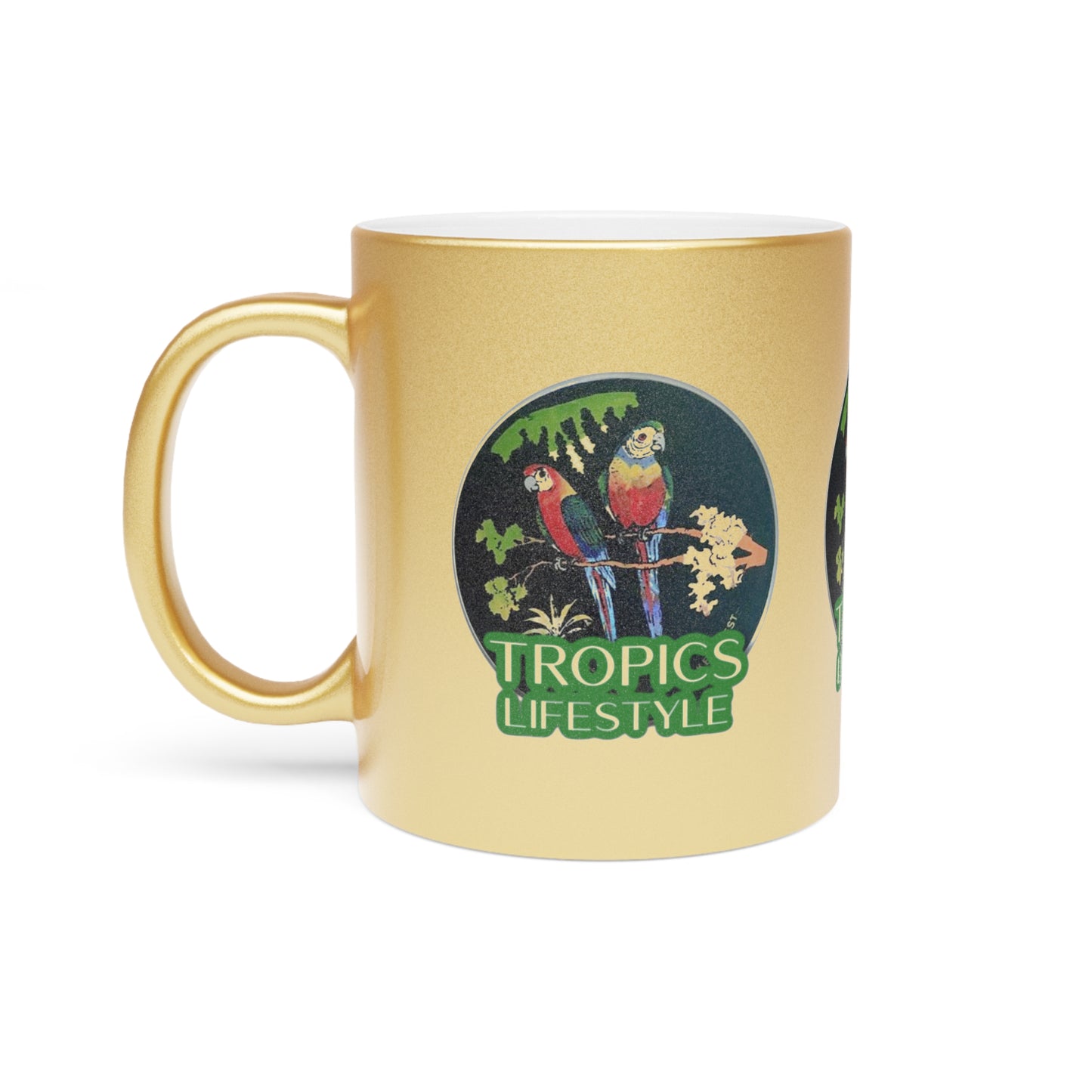 Colorful Tropical Metallic Mug, Gold or Silver - Two Brazilian Parrots