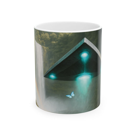 UFO and Waterfall Ceramic Mug - Colorful Coffee Cup for Morning Motivation