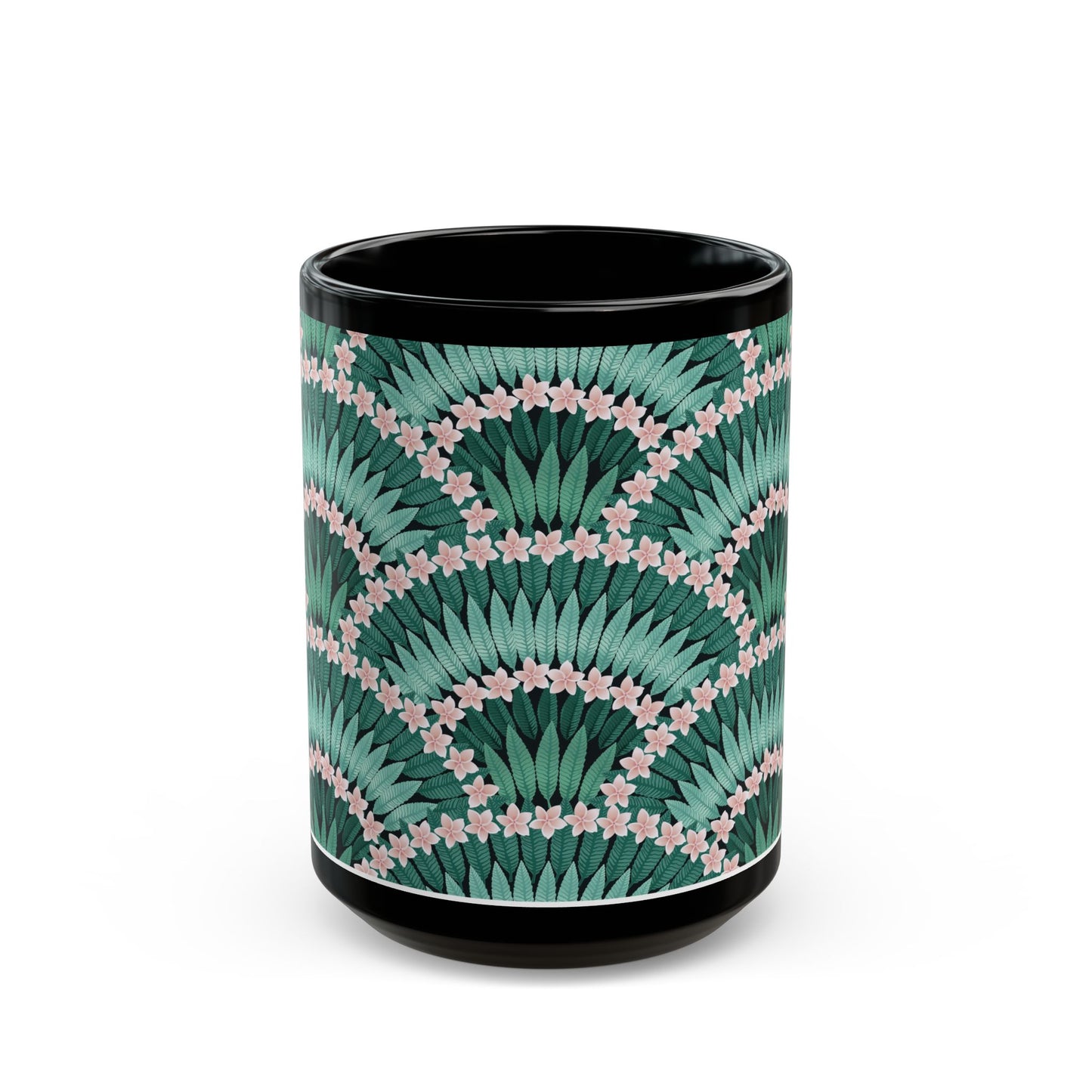 Black Mug (11oz, 15oz), Plumeria and Palms, Evergreen