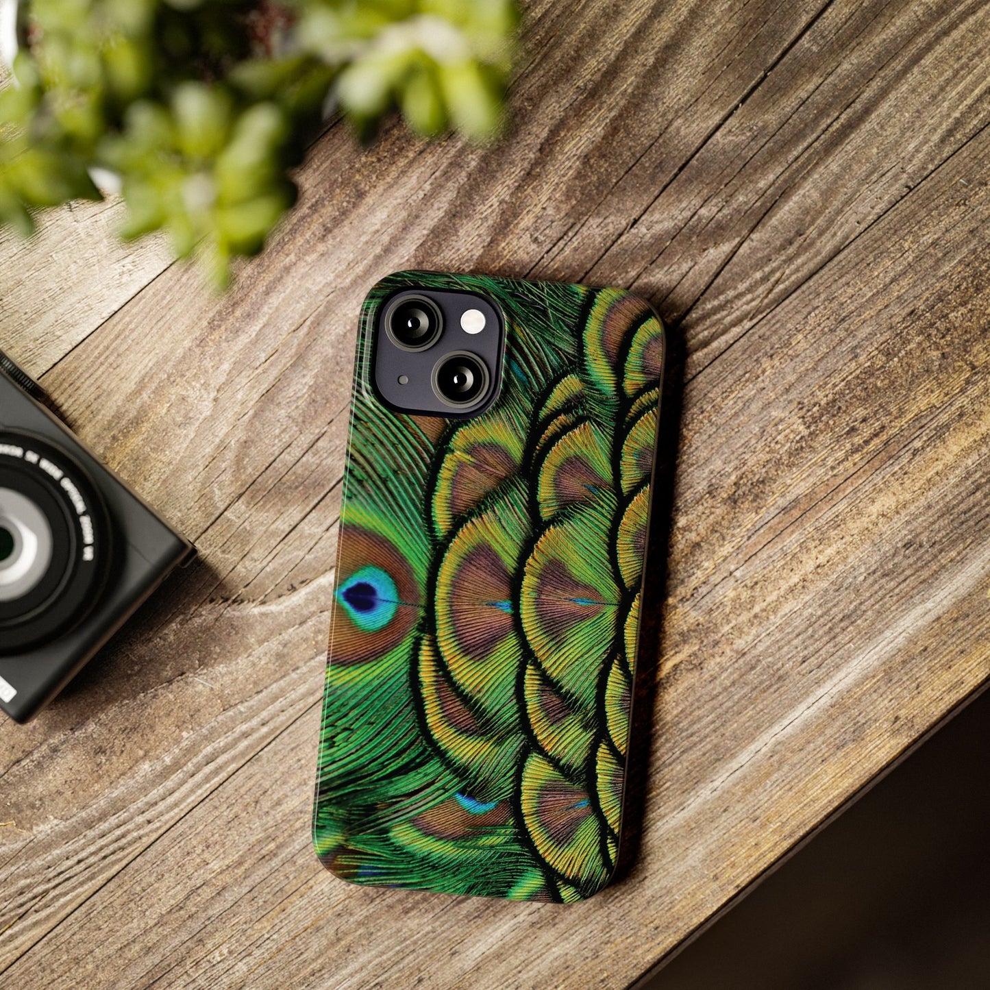 Slim Phone Cases - Brilliant Green Peacock Feathers