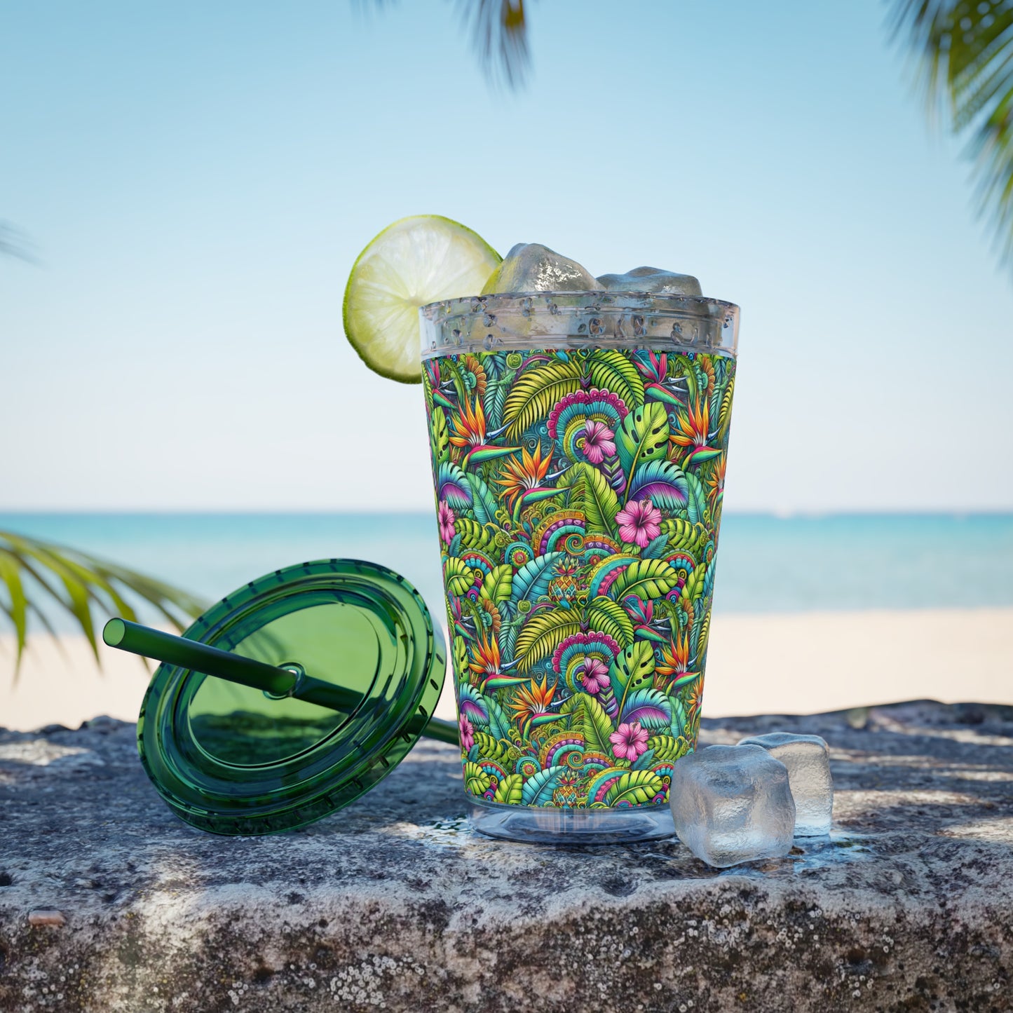 Tropical Tumbler with Straw | 16oz Colorful Travel Cup / Rainforest Blooms