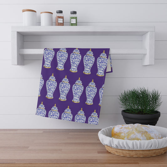 TeaTowels (cotton, poly), Blue and Gold Ginger Jar repeat purple