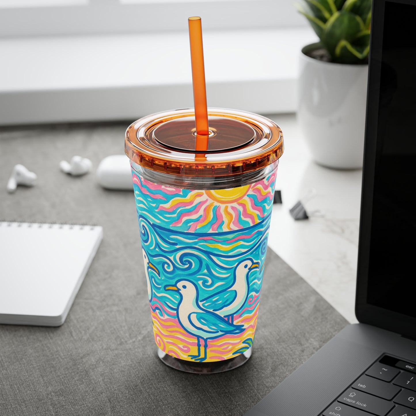 Tropical Tumbler with Straw | 16oz Colorful Travel Cup / Tropical Beach Seagulls