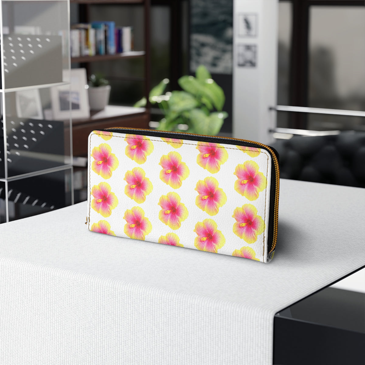 Tropical Zipper Wallet, Faux Leather / Vibrant Clutch / Micro Sunset Hibiscus, White