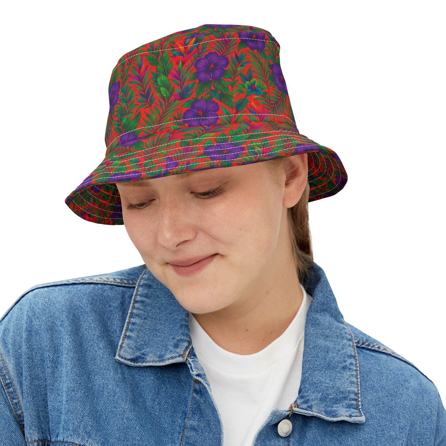Tropical Polyester Bucket Hat, 2 Sizes - Midnight Flower Coral