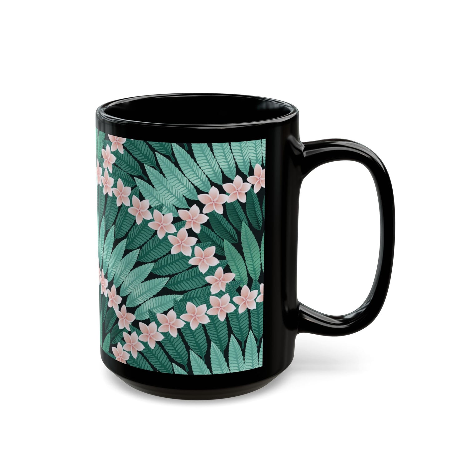 Black Mug (11oz, 15oz), Plumeria and Palms, Evergreen