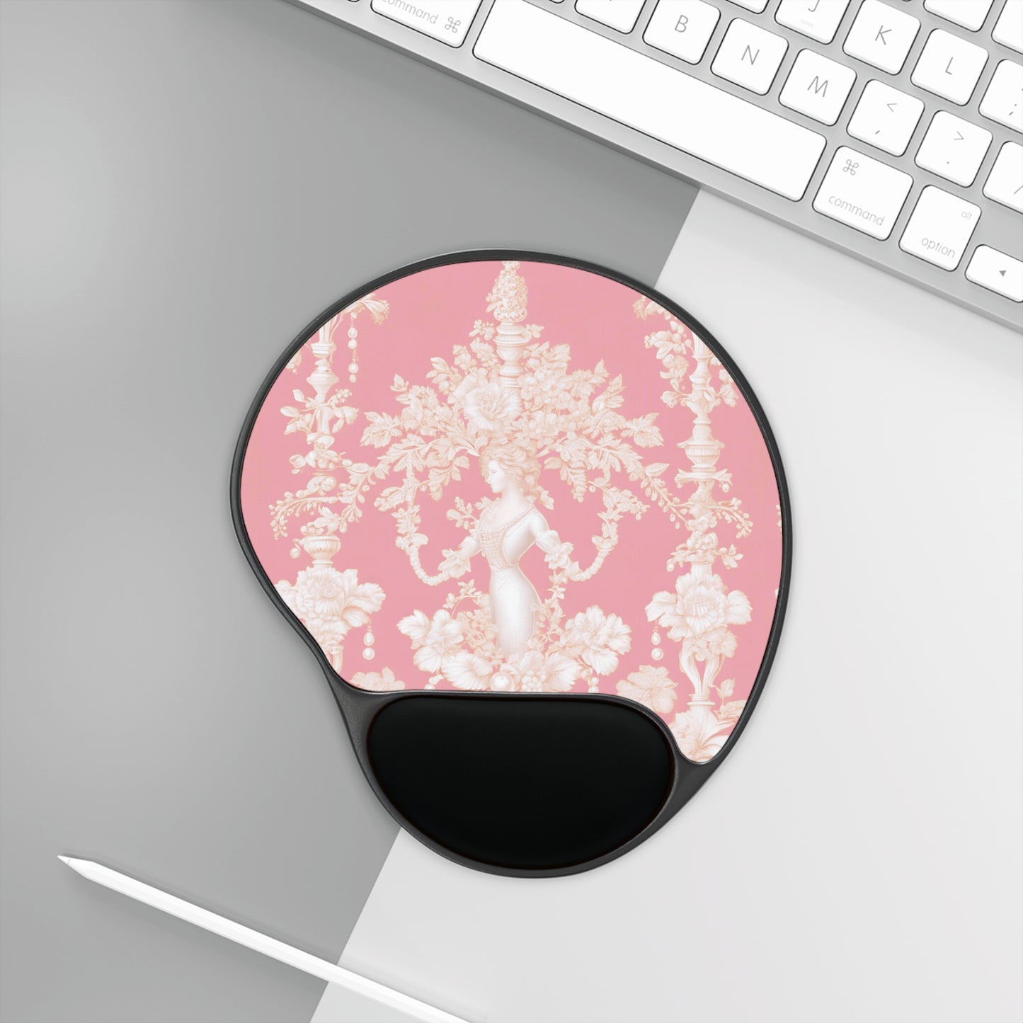 Mouse Pad With Wrist Rest, Pearl Lady Toile, Hibiscus Pink