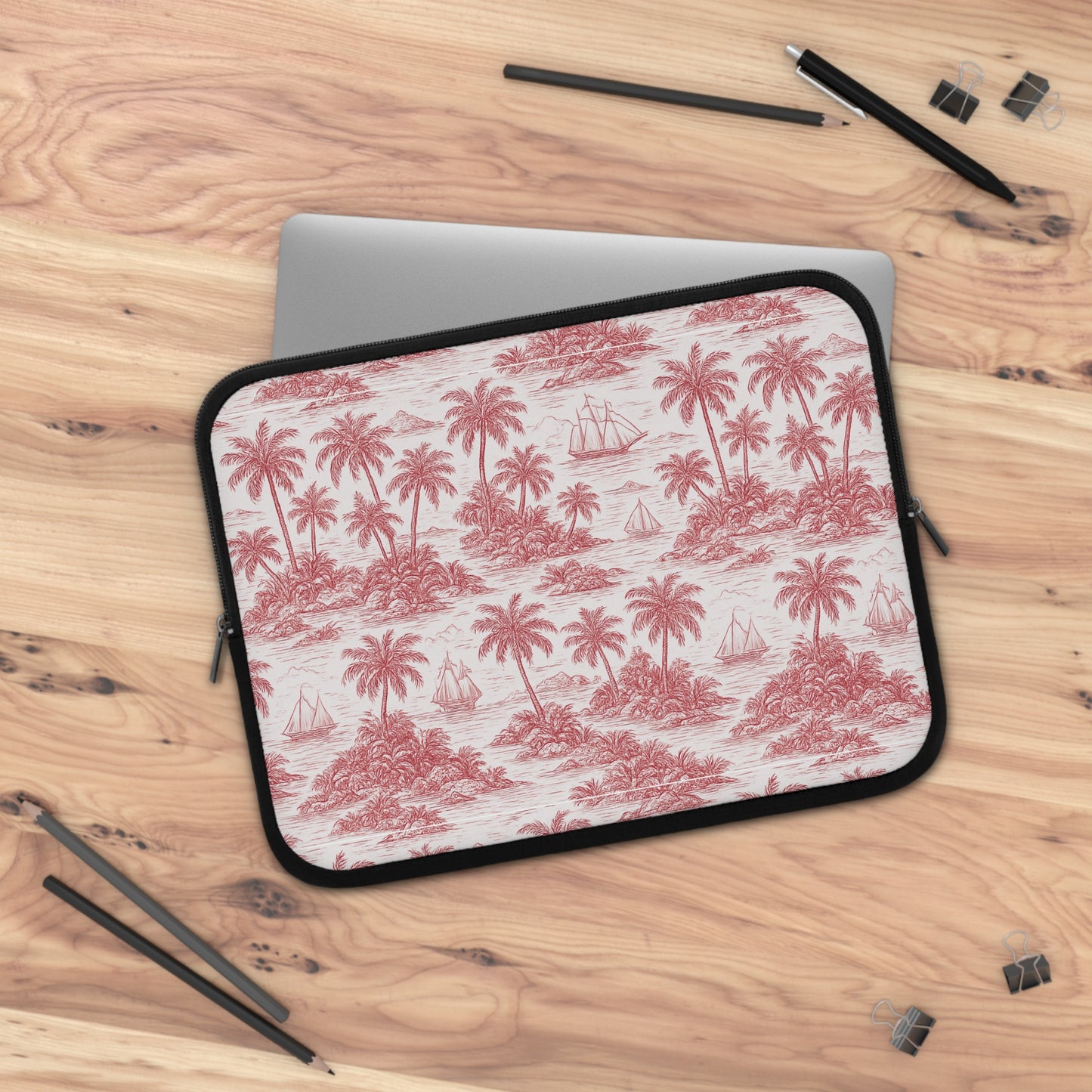 Tropical Laptop Sleeve, 5 Sizes - Perfect for Beach Lovers & Students / Faraway Toile, Red