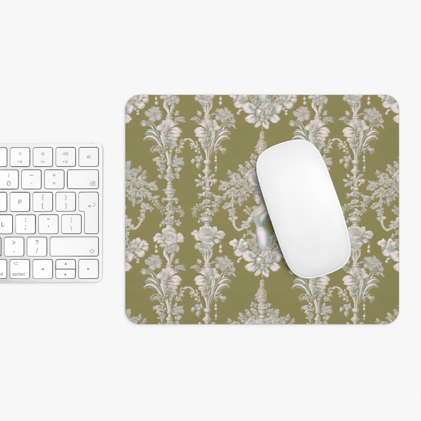 Tropical Mouse Pad, 2 Shapes - Beach Vibes for Home Office & Gamer / Pearl Lady Toile, Highborn Green