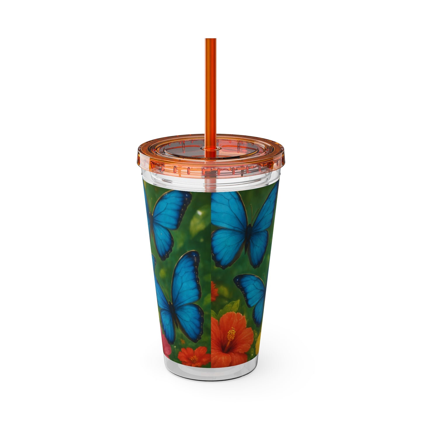 Tropical Tumbler with Straw | 16oz Colorful Travel Cup / Morpho Butterflies Flight