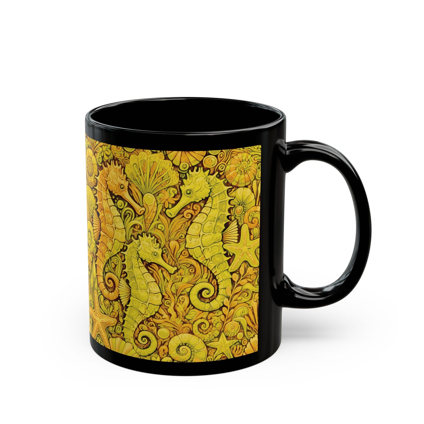 Black Coffee Mug - Seahorse Fantasy, Yellow