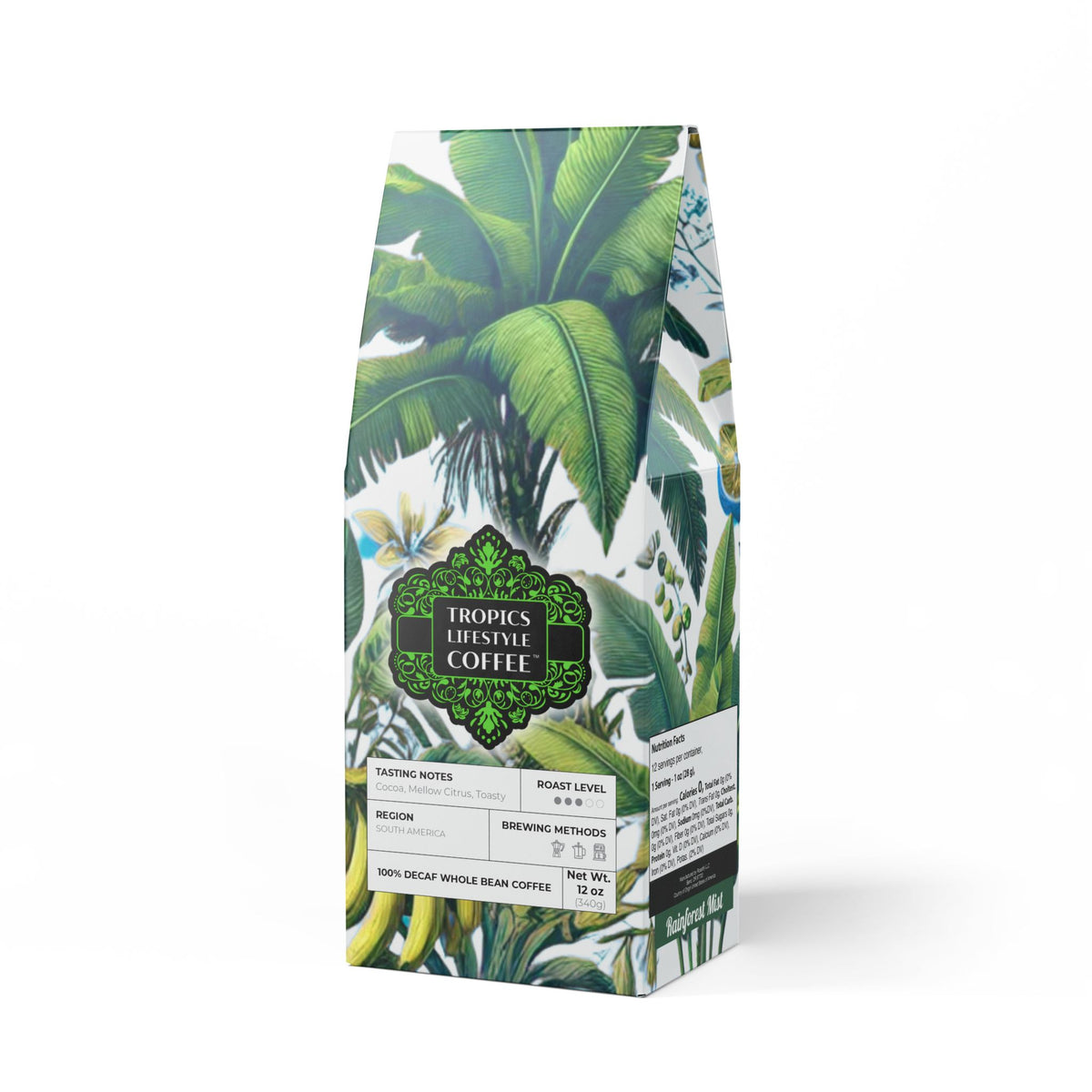 Rainforest Mist™ Single Origin DECAF (Medium Roast), Specialty Grade Craft Coffee / Palms and More Tropical Fruit, White