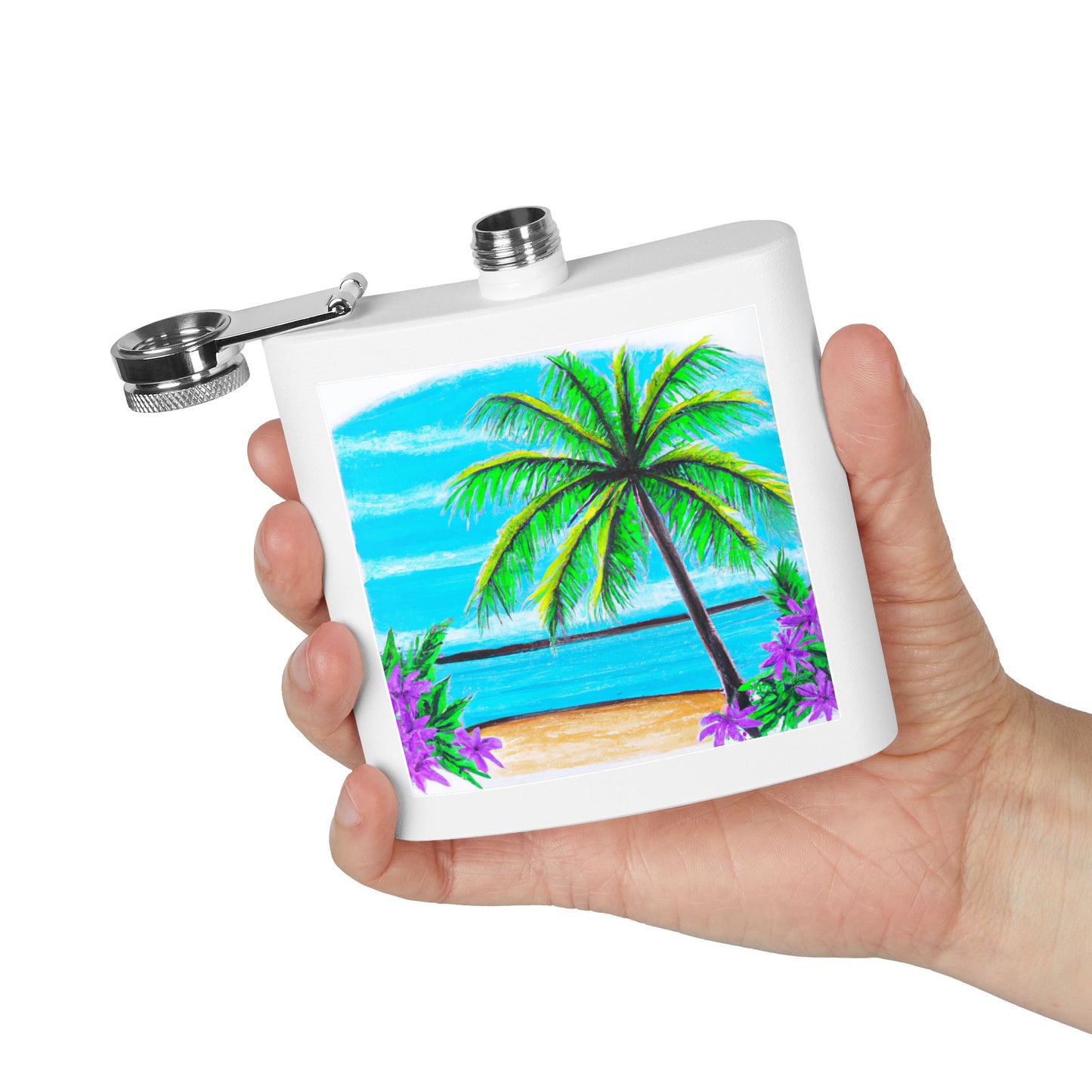 Tropical Stainless Steel Flask - 6oz Travel Drinkware for Beach Lovers / Calm Beach