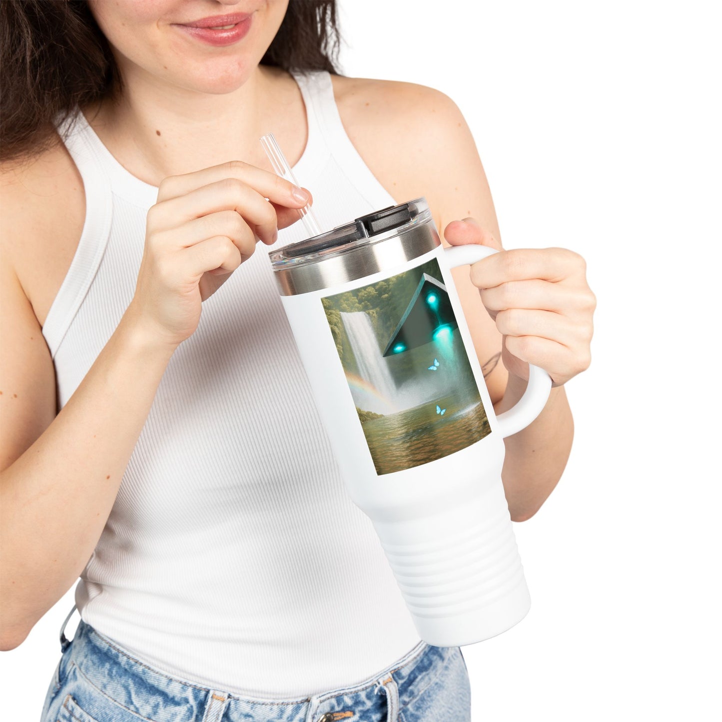 Insulated Travel Mug, 40oz / UFO and Waterfall in Rainforest