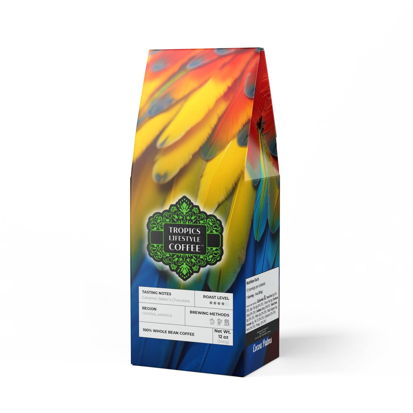 Cocoa Palms Blend™ (Medium-Dark Roast) Specialty Grade Craft Coffee / Parrot Macaw Feathers