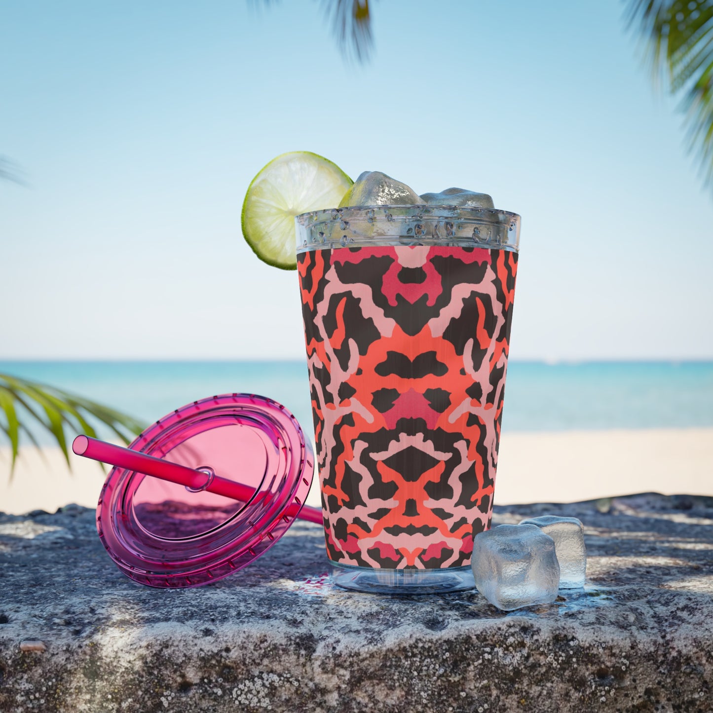 Tropical Tumbler with Straw | 16oz Colorful Travel Cup / Coral Threads, Red