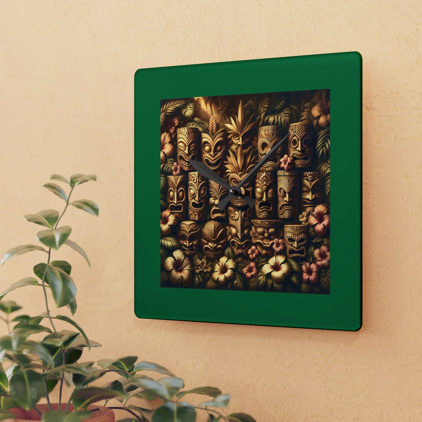 Acrylic Wall Clock / Tiki Totem Faces, Green