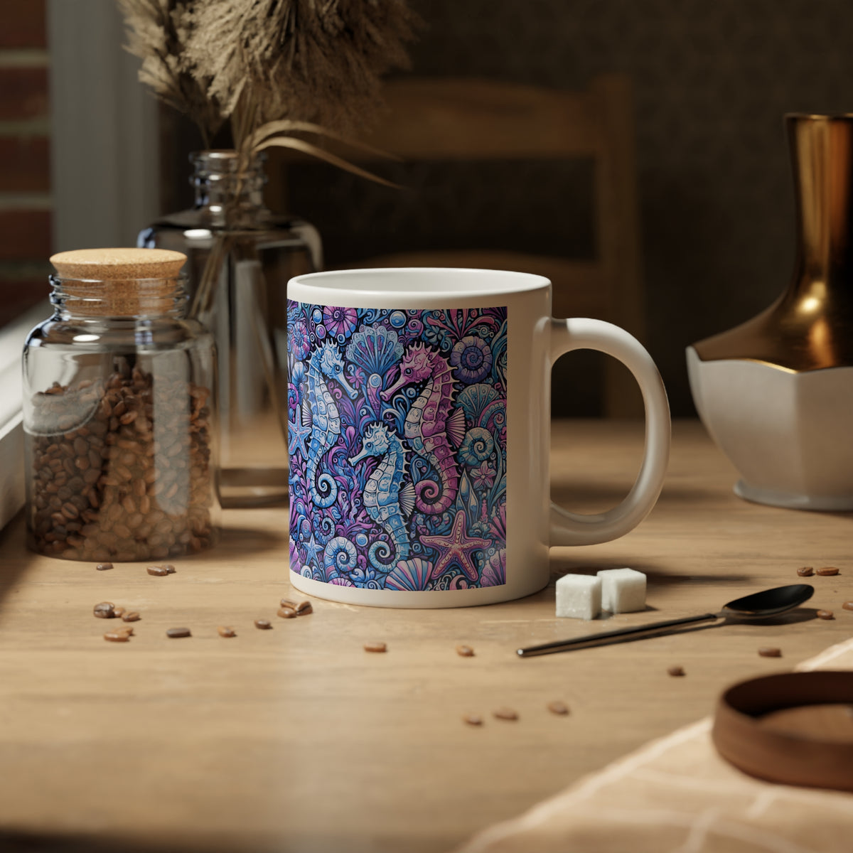 Jumbo Mug, 20oz, Blue Seahorses | Tropical Coffee Cup