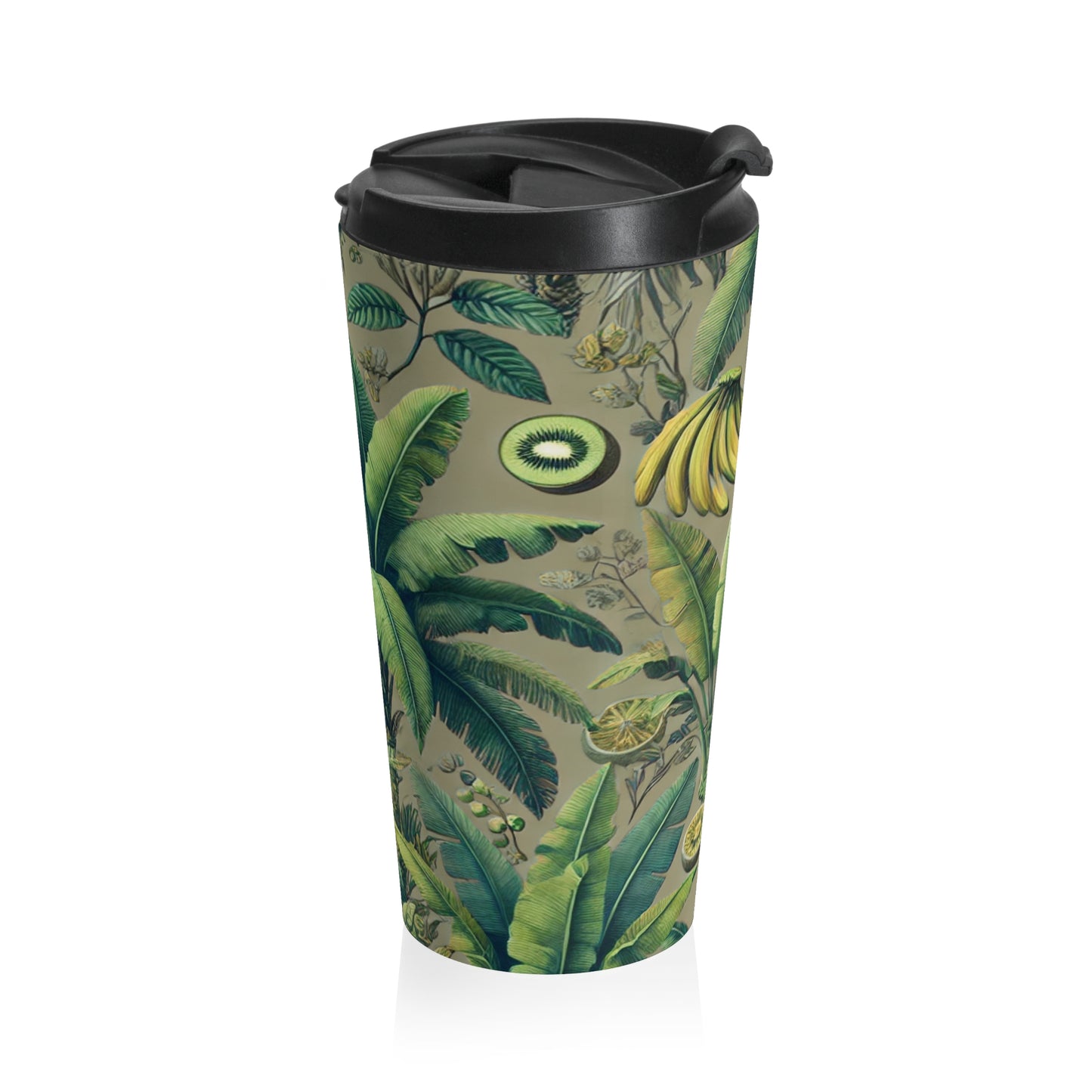 15 oz. Stainless Steel Travel Mug / Palms & Tropical Fruit, Taupe