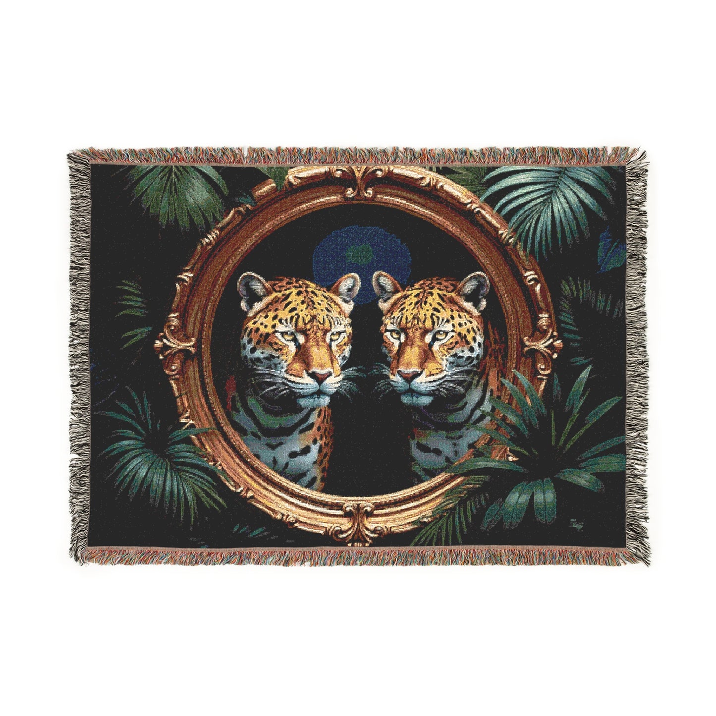Woven Blanket, 3 Sizes - Tropical Home Decor / Rainforest Framed Two Jaguars